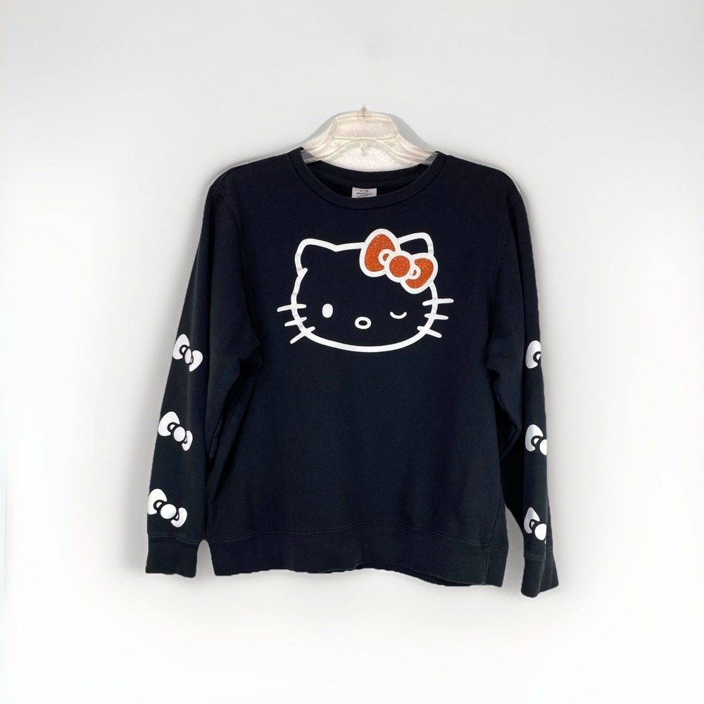 Hello Kitty Red Glitter Bow Sweatshirt Womens XL‎ Black Spell Out Sanrio EUC